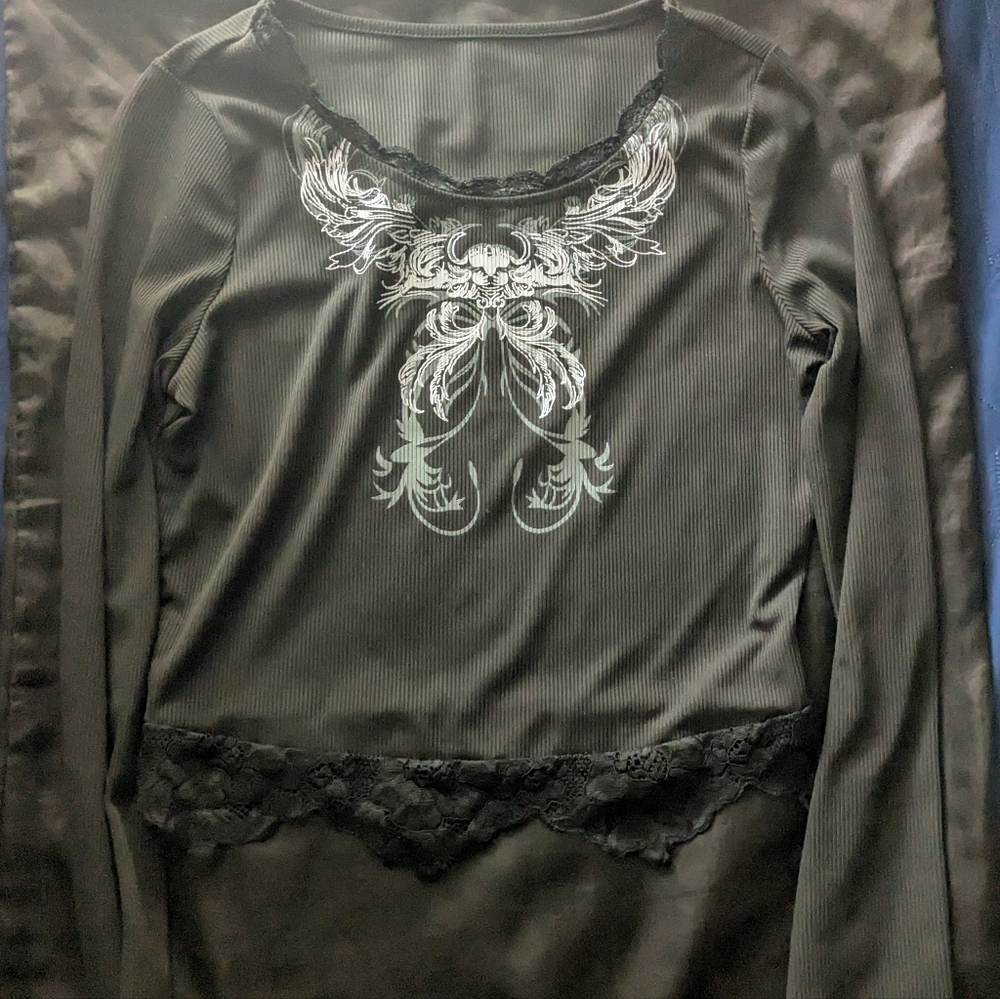 Black Long Sleeve Top with Lace and Embroidery